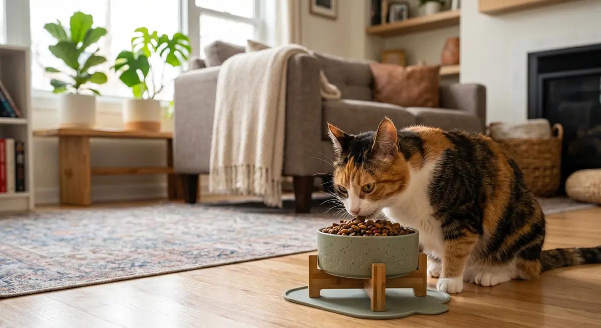 Tigela cheia com a melhor ração para gatos e um felino ao fundo.